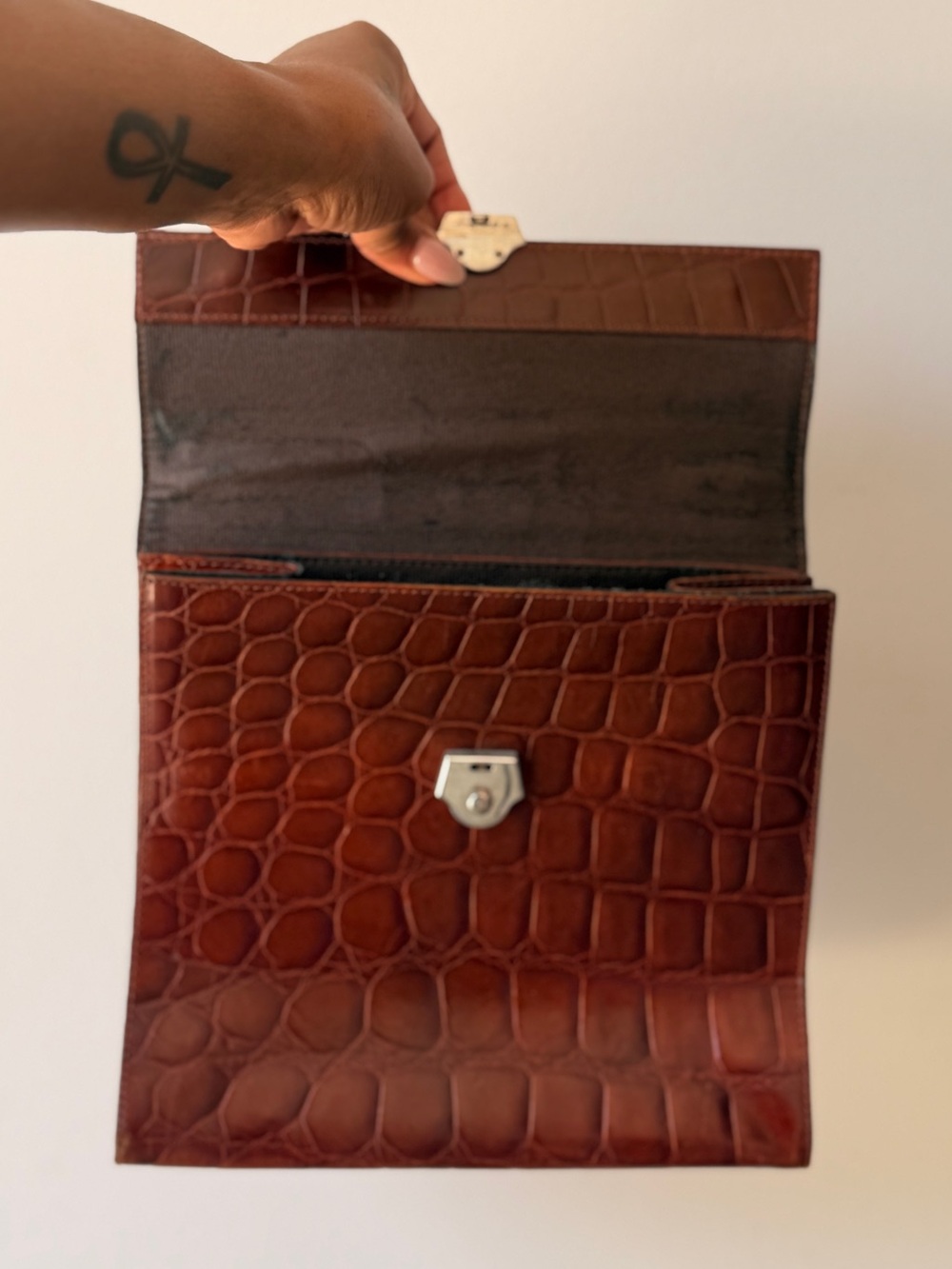Vintage Furla Dark Brown Croc-Embossed Leather Top Handle Satchel - Picture 6 of 9